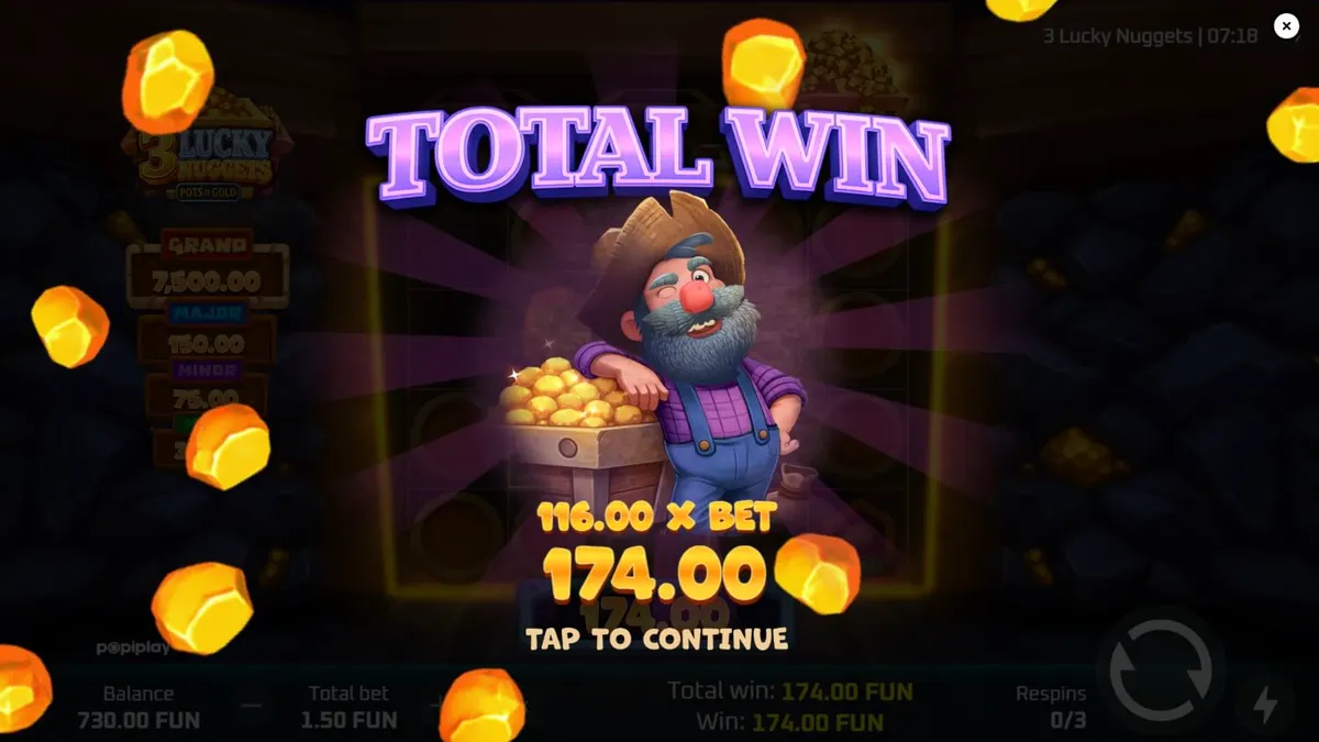 Tampilan visual slot 3 Lucky Nuggets dengan tema pertambangan emas yang ceria