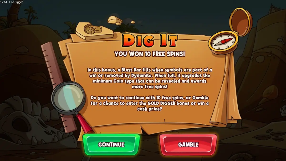 Smokey the raccoon digging for fossils in the desert in Le Digger slot