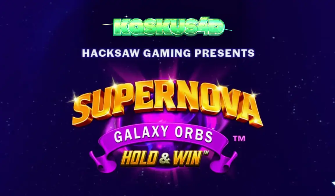 Tampilan layar permainan slot Supernova Galaxy Orbs dengan simbol buah retro dan latar belakang nebula kosmik.
